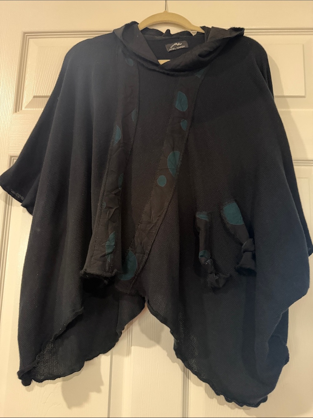 Black Hooded Knitted Poncho with Teal Dot Accents